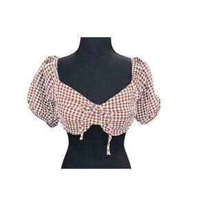 Wild Fable Daisy Western Coquette Milk Maid Brown White Gingham Puff Crop Top